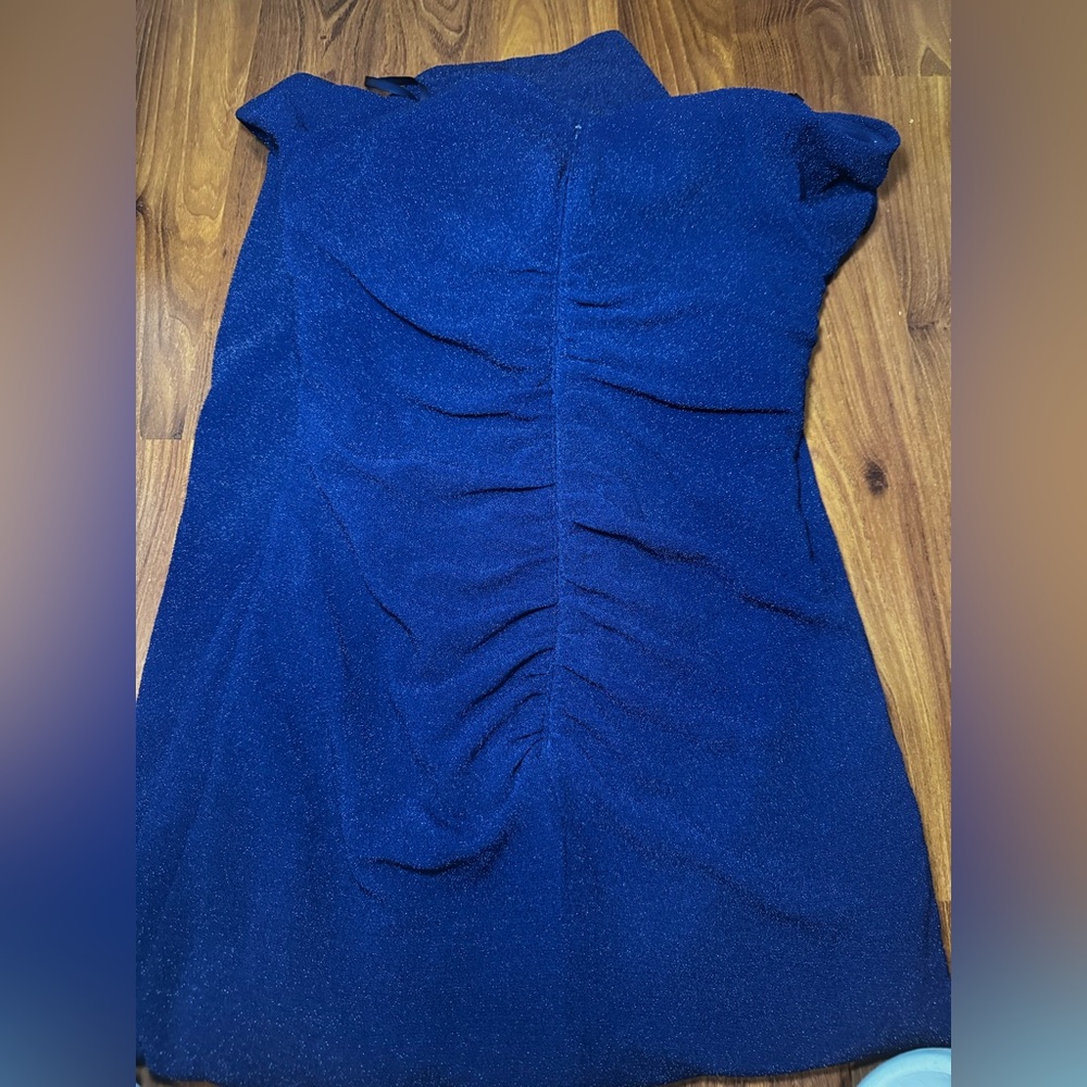 Xscape Cobalt Blue Glitter Stretch Off the Shoulder Evening Body Con Dress - Picture 6 of 10